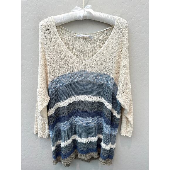 LAUREN VIDAL | Oversized Striped Lightweight Knit Sweater Cream & Blue | Large - Picture 1 of 8